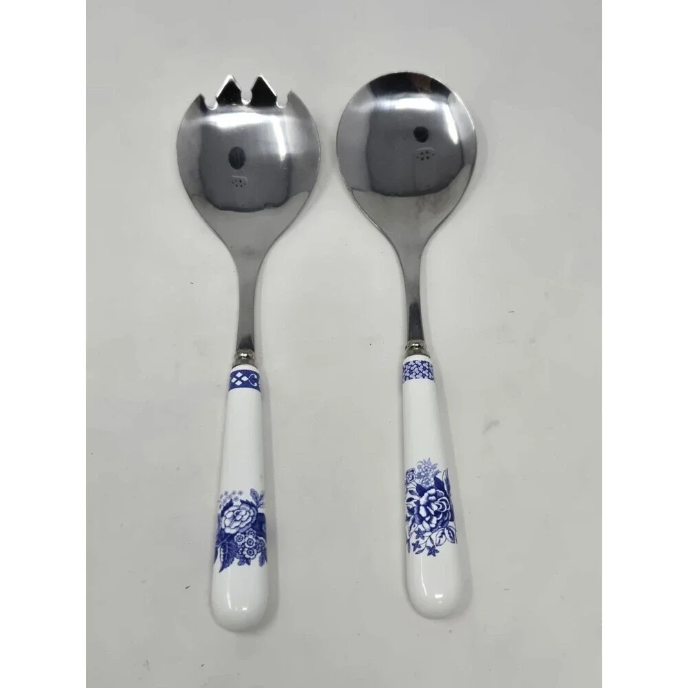 VINTAGE SPODE ITALIAN SALAD SERVERS WHITE BLUE FLORAL STAINLESS & PORCELAIN SET